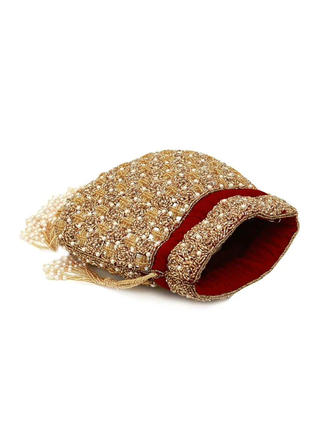 Gold beaded pouch with red interior on a white background