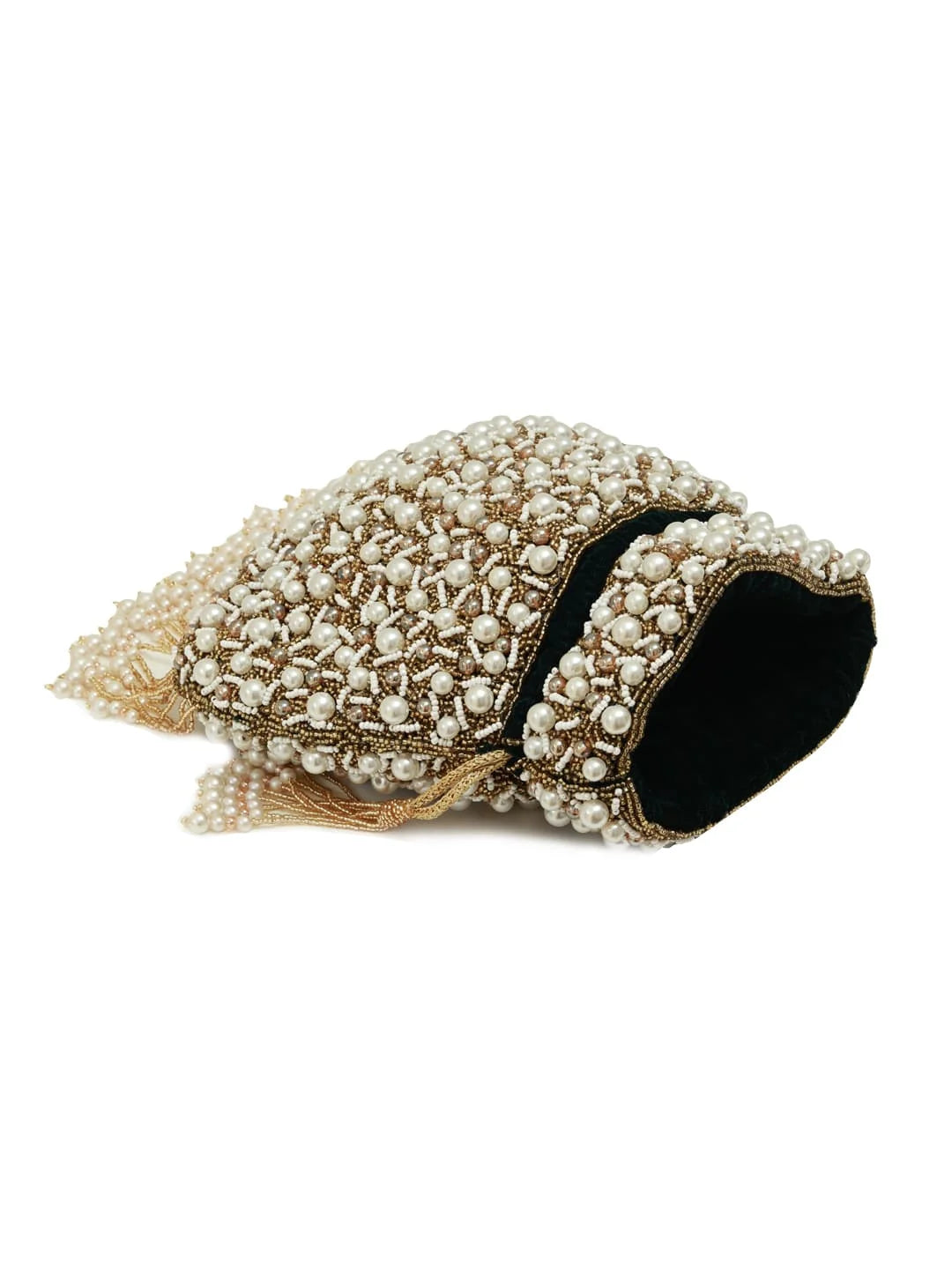 Decorative headband with pearls and tassels on a white background