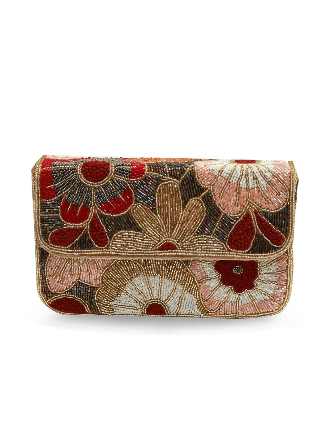 Floral patterned clutch bag with red, pink, and gold colors on a white background