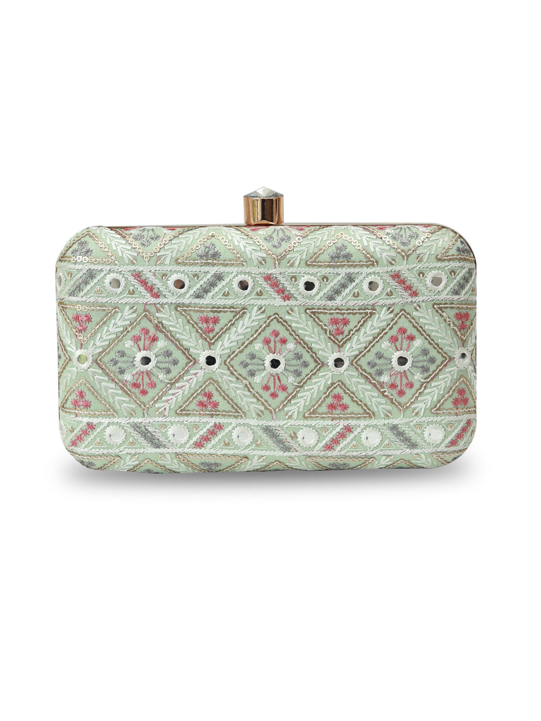 Ariba Green Box Clutch by The Tan Clan featuring a sleek, rectangular design with a vibrant green finish and elegant detailing.