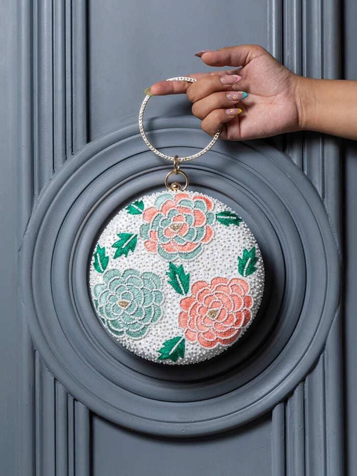 Zahra Round Floral Hand Embroidered Clutch - The Tan Clan