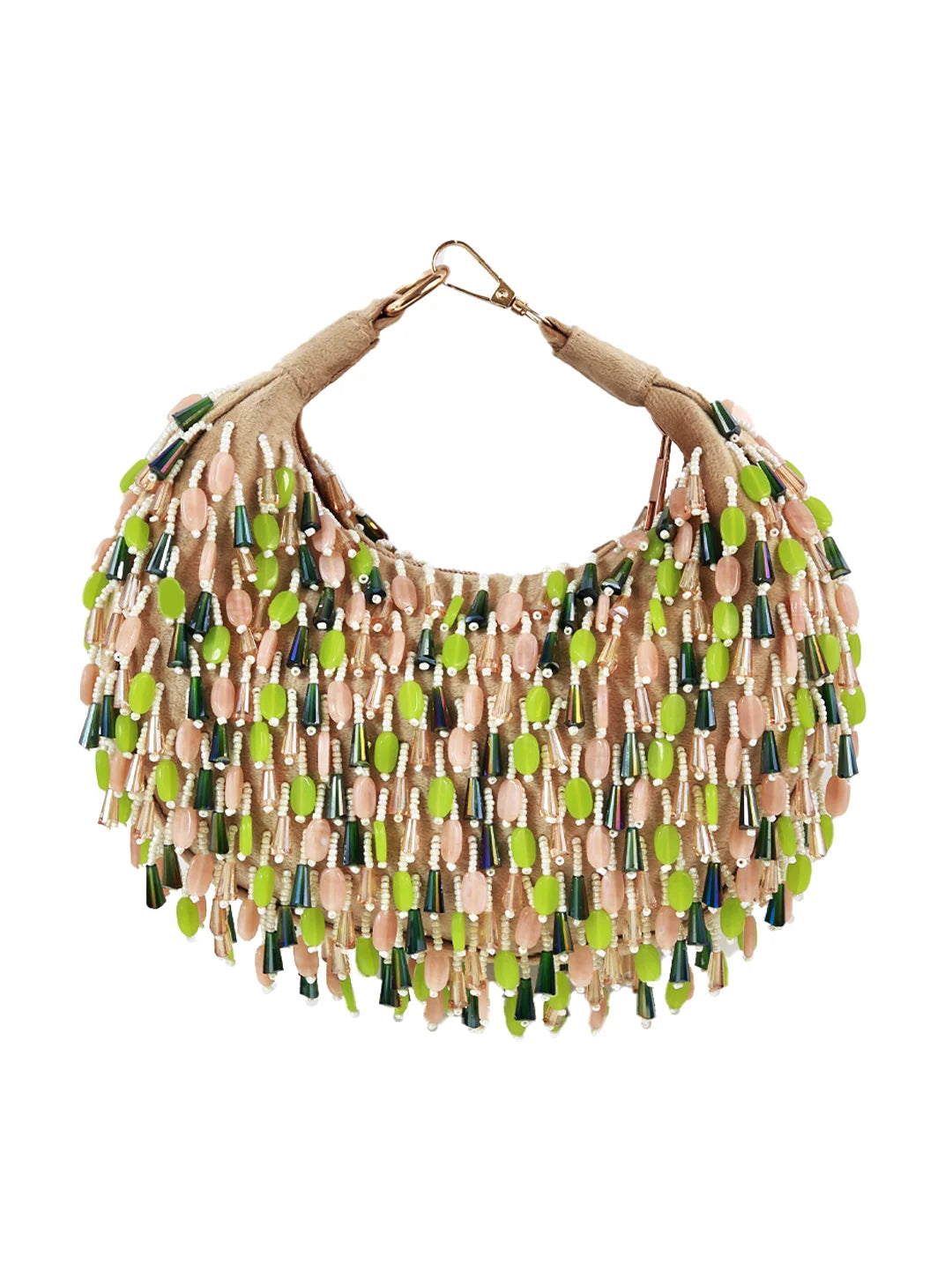 Beaded handbag with pink, green, and black beads on a white background