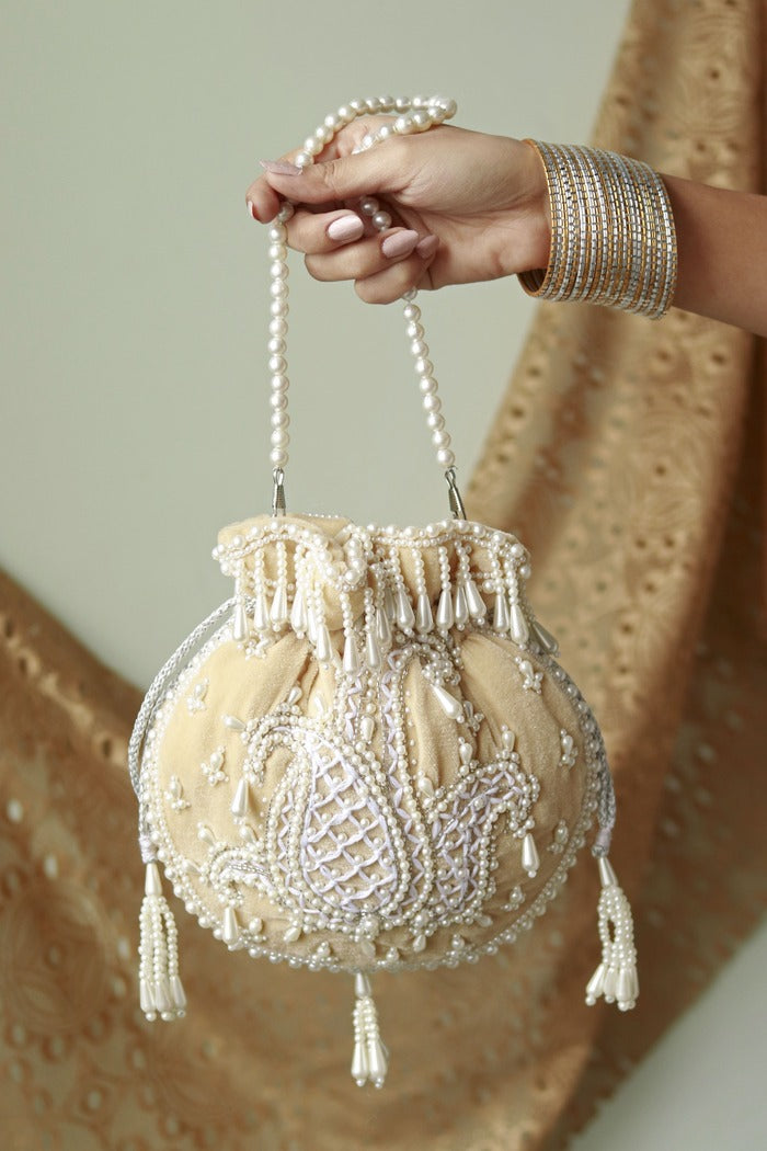 Sukoon Hand Embroidered Potli with Pearl Handle - Beige