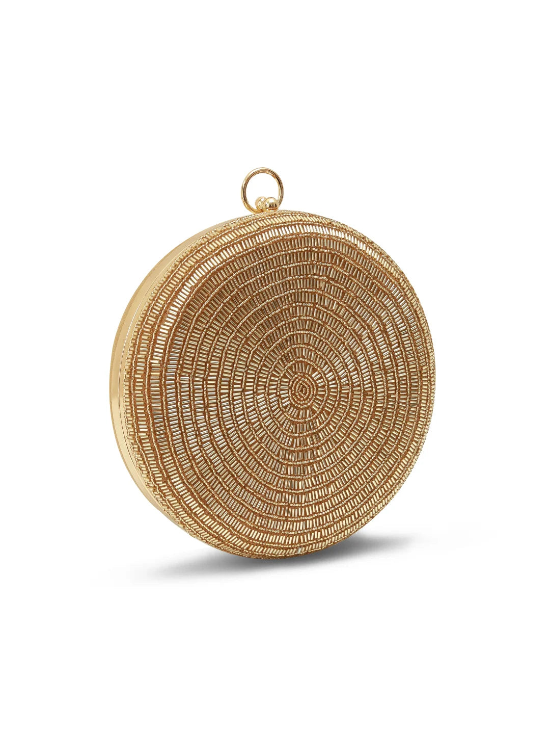 Gold woven circular clutch bag on a white background