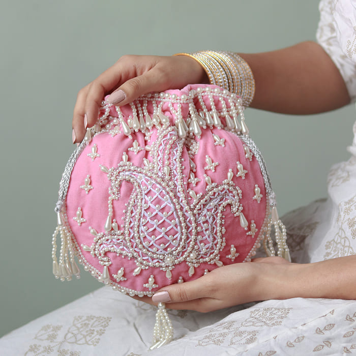 Sukoon Hand Embroidered Potli with Pearl Handle - Pink