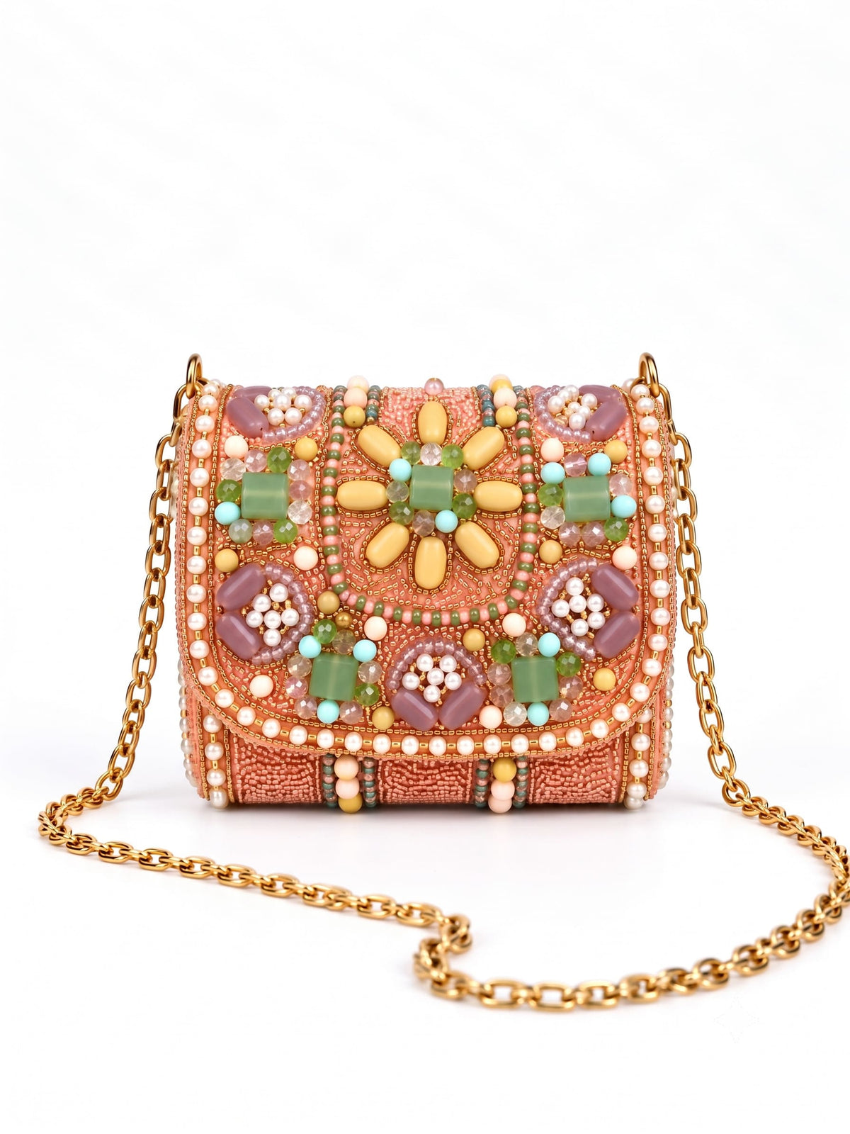 Peach-colored Basra Hand Embroidered Mini Flap bag by THE TAN CLAN with intricate embroidery and compact design