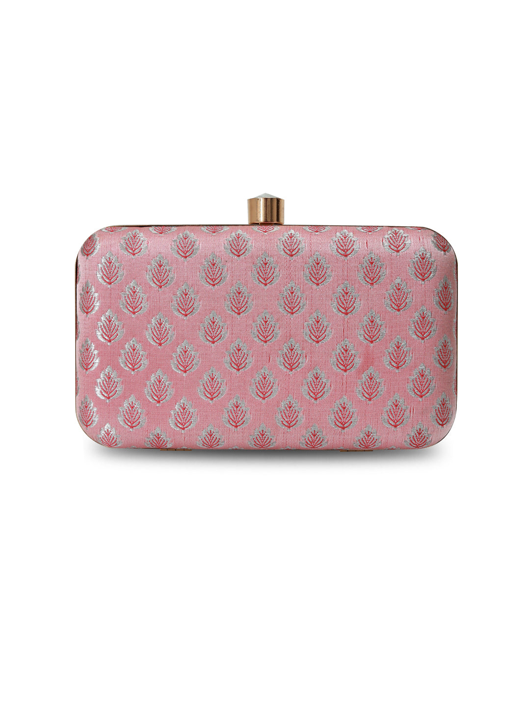 Classic pink box clutch by The Tan Clan, featuring a sleek rectangular design with a polished finish and elegant clasp closure.