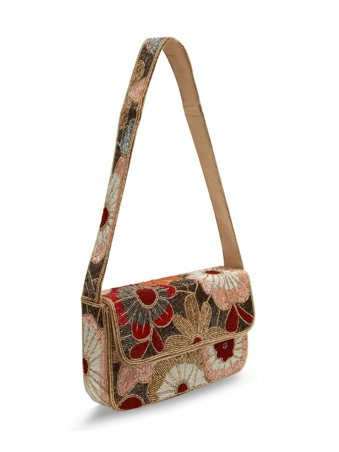 Floral patterned handbag with a strap on a white background