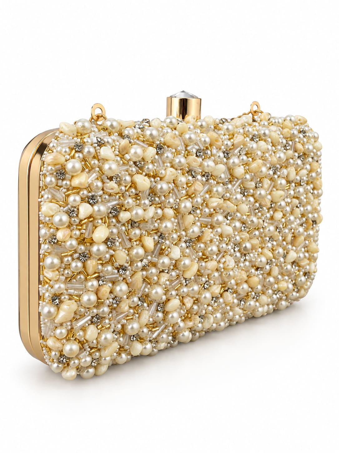 Kate Pearl Box Clutch by THE TAN CLAN featuring a stylish pearl-embellished rectangular design for elegant occasions.