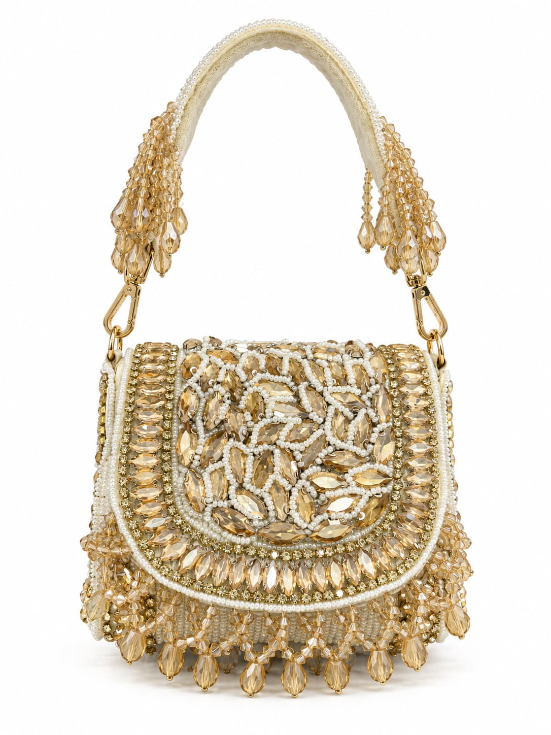 Zeenat Gold Beaded Mini Flap bag with intricate beadwork and compact design, featuring a gold-toned finish and stylish flap closure.