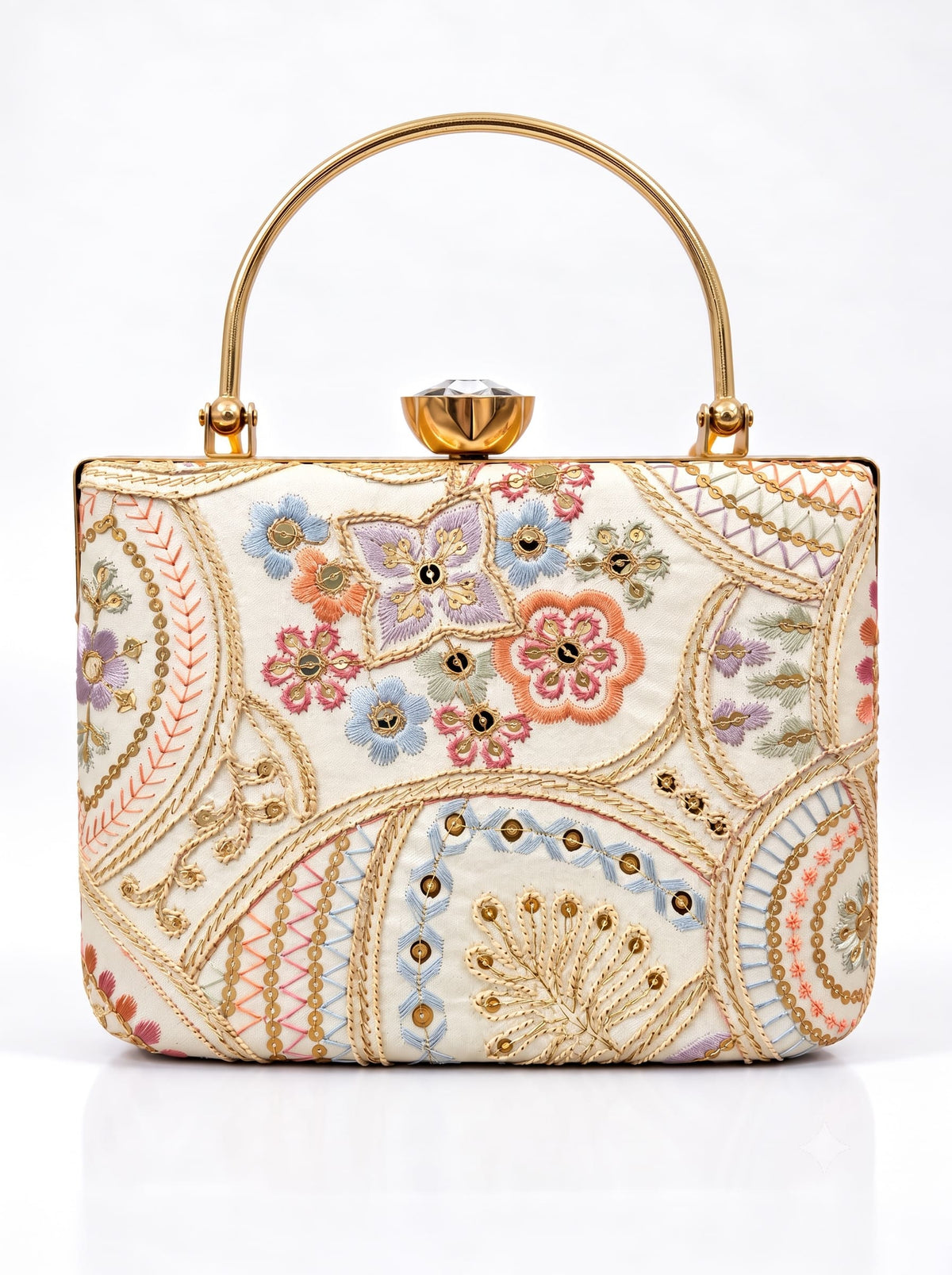 Resham embroidered clutch bag with intricate design, featuring a gold-toned clasp and elegant craftsmanship by THE TAN CLAN.