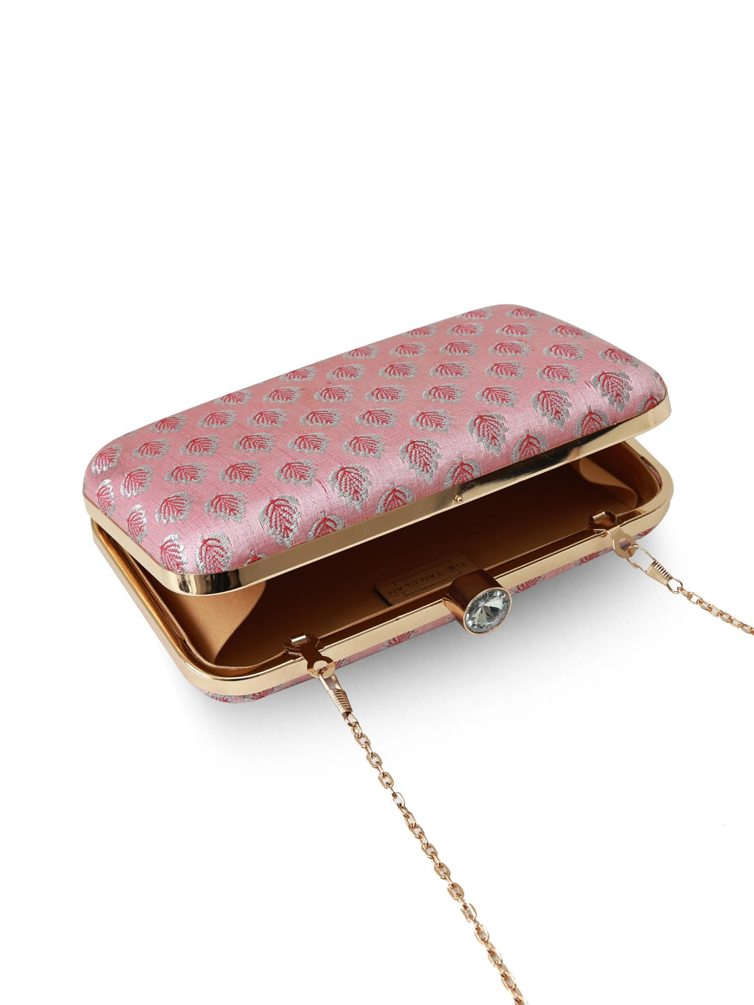 Pink box clutch bag by The Tan Clan featuring a sleek classic design with a structured shape and elegant finish.
