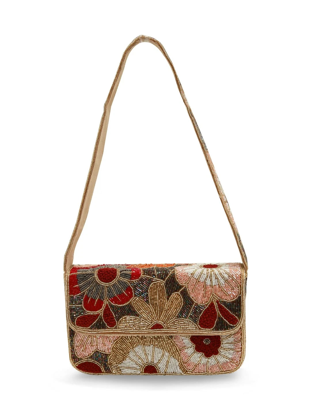 Floral patterned handbag with a beige strap on a white background
