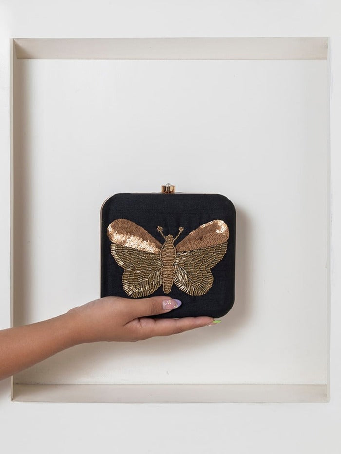 Nigah Black Square Hand Embroidered Butterfly Clutch