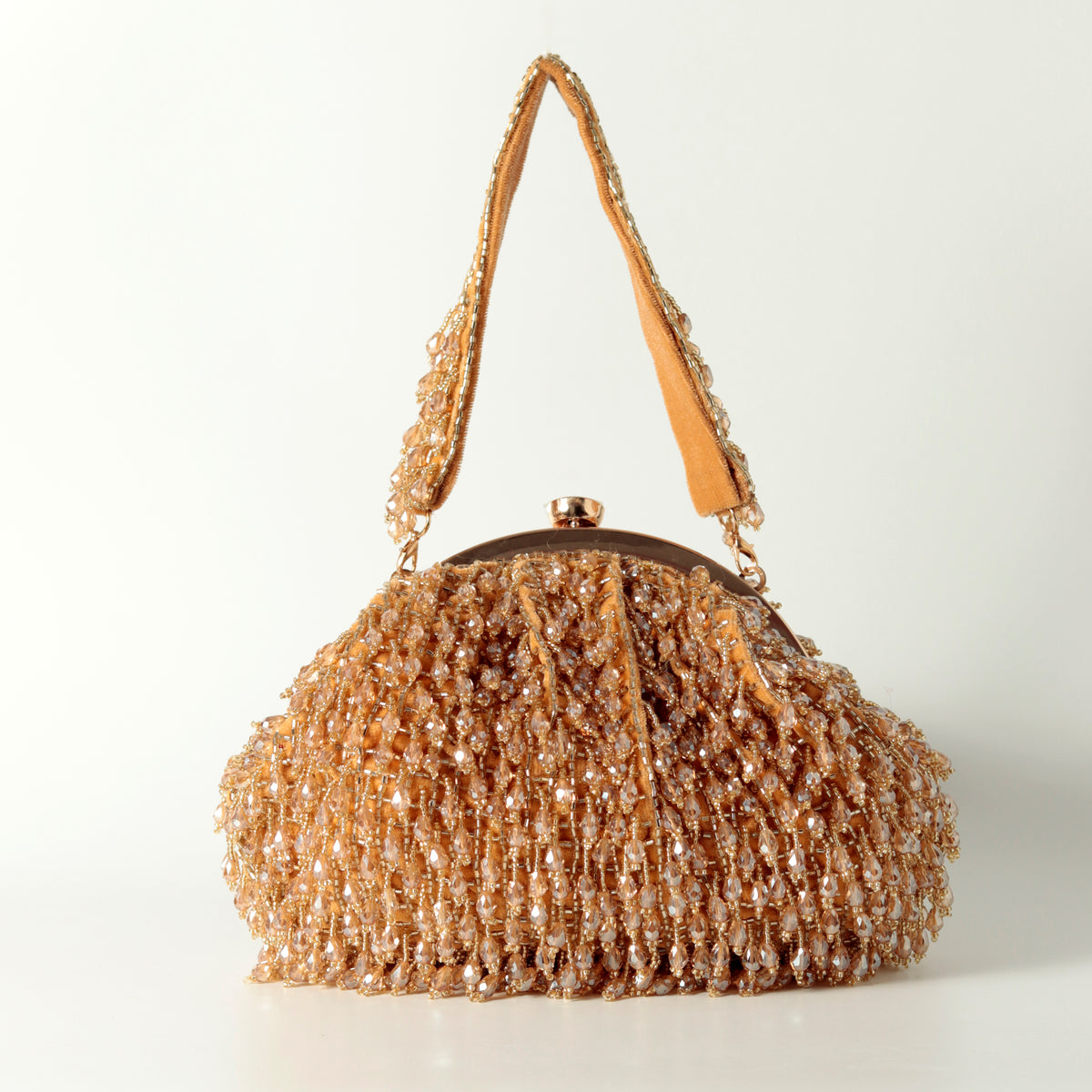 Golden Rosa Batua bag by The Tan Clan with a detachable handle, stylish and elegant accessory in a sleek design.