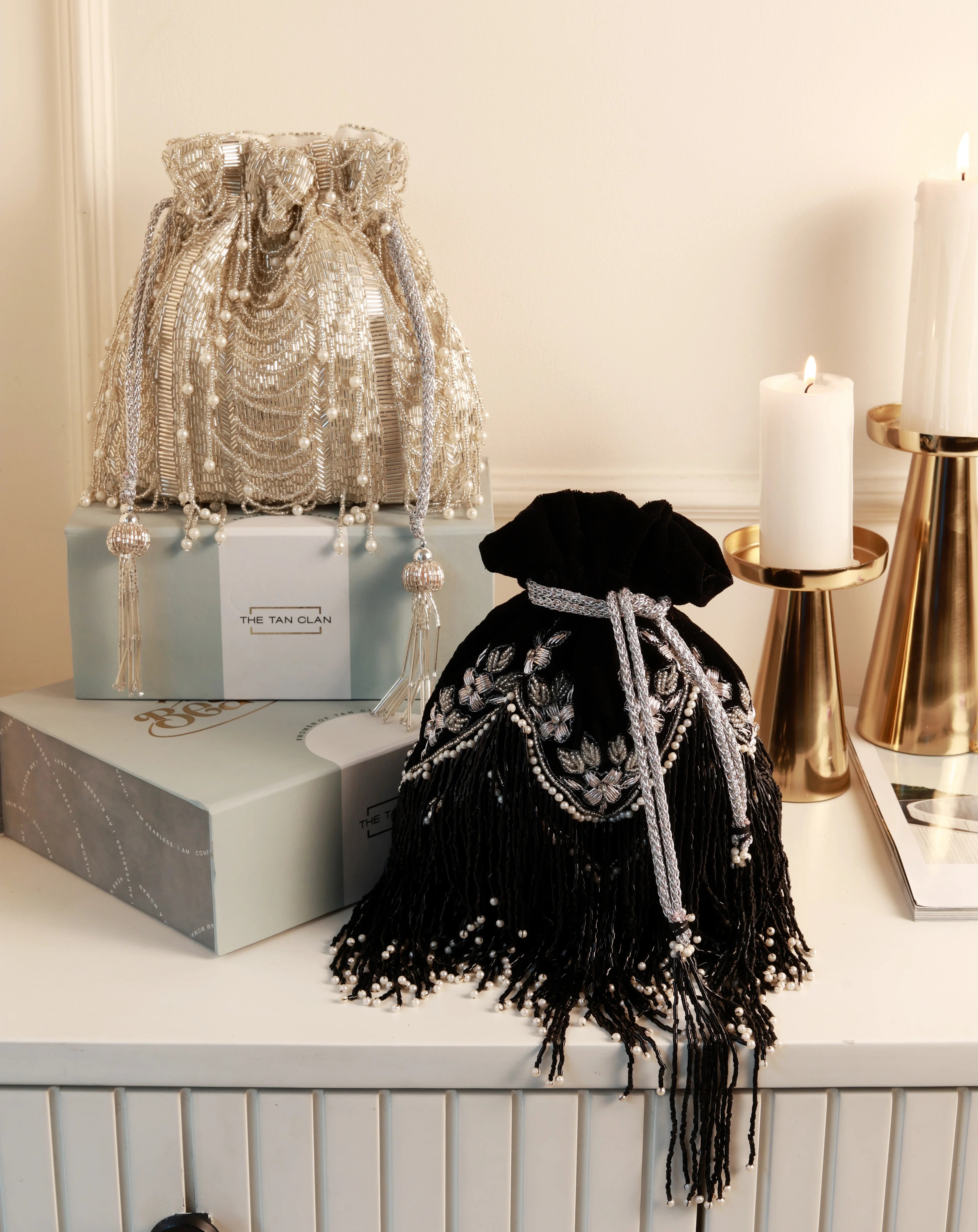 Rangreza Combo- Keisha Black Tassle Potli and Sharda Silver Potli Bag