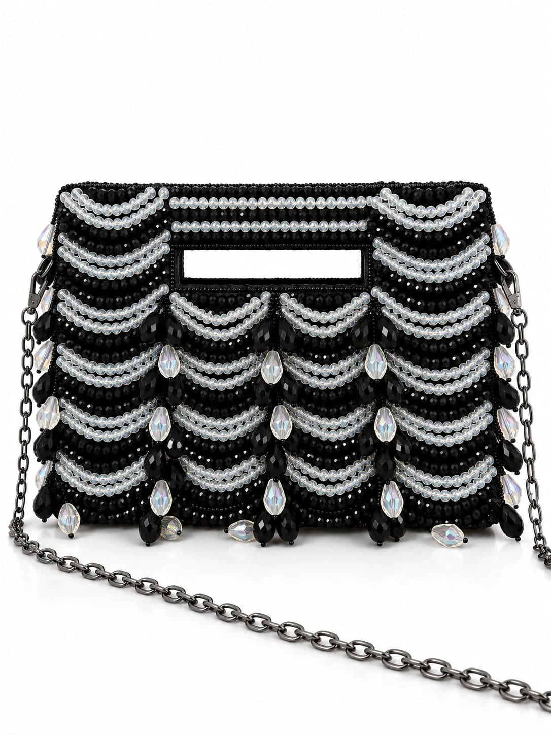 Lara Black Handcrafted Beaded Bag by THE TAN CLAN showing intricate beaded design and compact size.