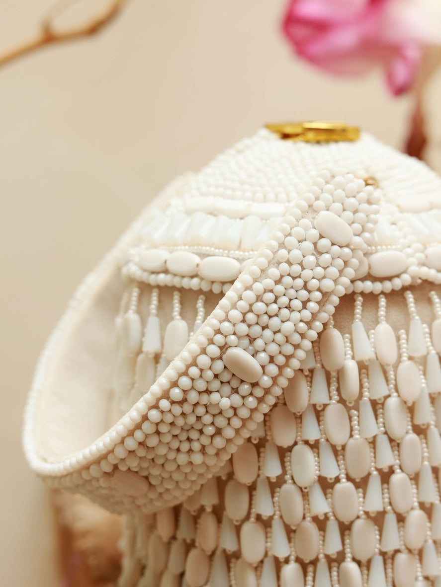 Bella White Round Embellished Bag with Handle