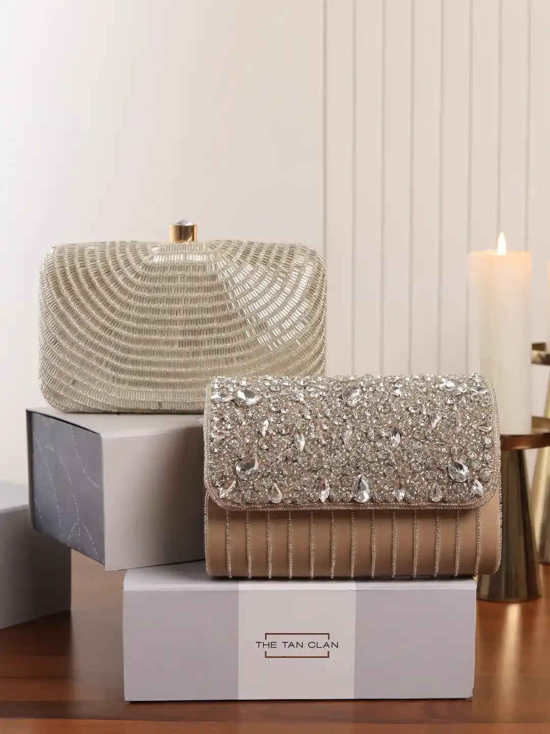 Glitz Grace Combo - Grace Beige Flap Bag and Glitz Silver Clutch