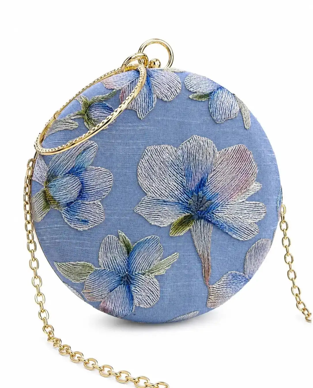 Blue embroidered clutch bag from The Tan Clan's Bloom collection, featuring intricate floral embroidery and a sleek design.