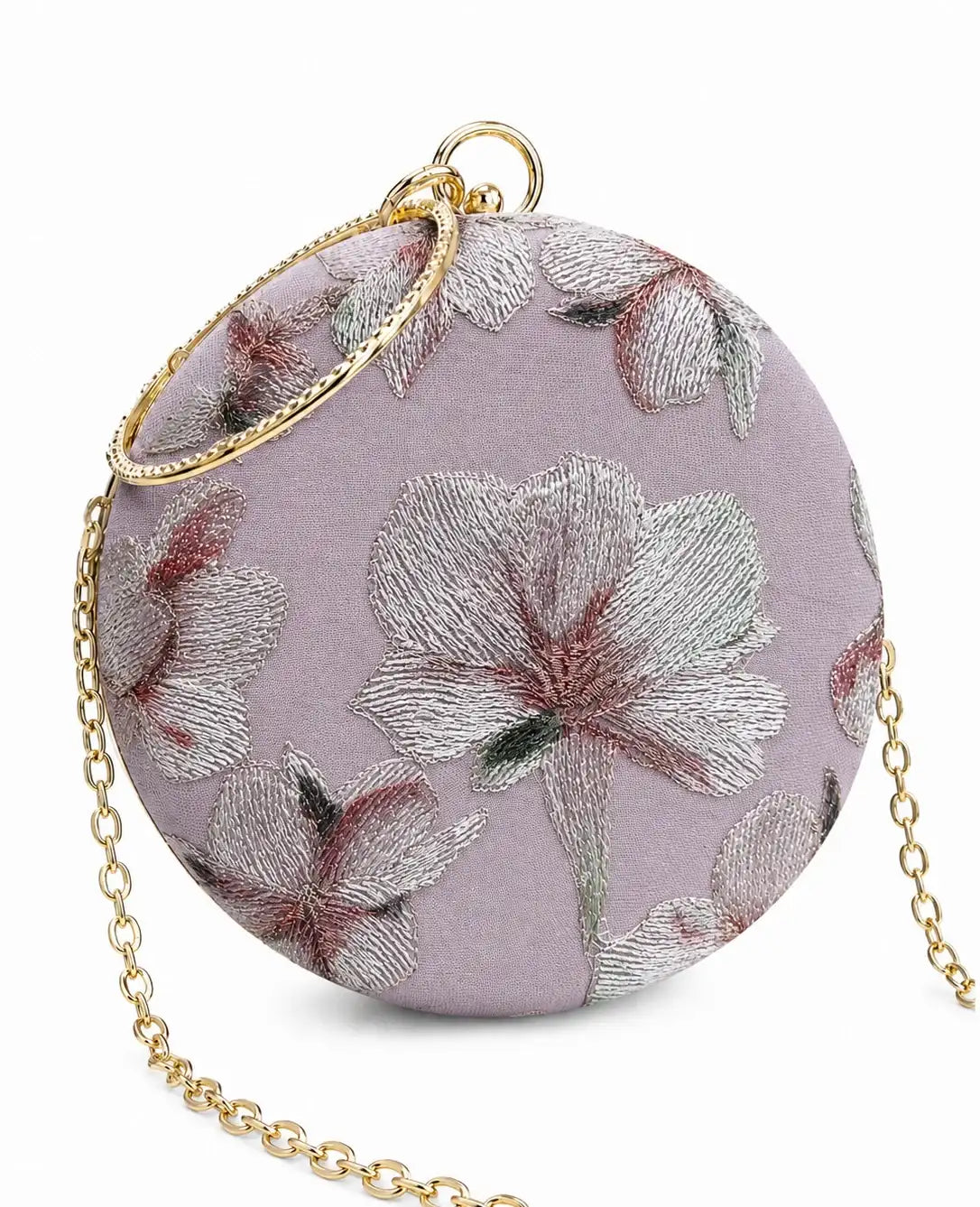 Purple Bloom Mauve embroidered clutch bag by The Tan Clan with floral embroidery and elegant design.
