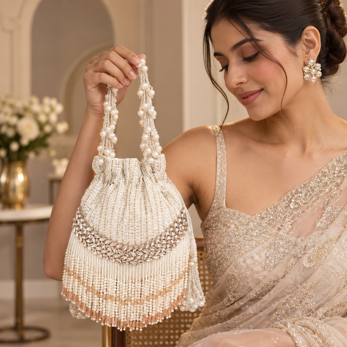 Jalsa Potli bag with handle from The Tan Clan featuring intricate embroidery and traditional design for festive occasions.