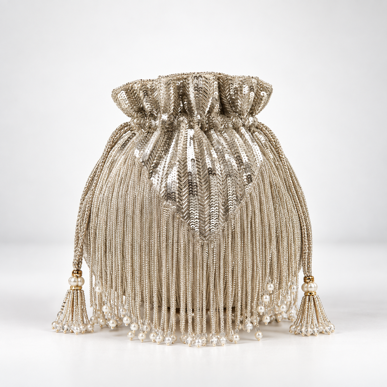 Silver Twinkle Heavy Tassle Potli bag with handle by The Tan Clan, featuring intricate embroidery and decorative tassels.