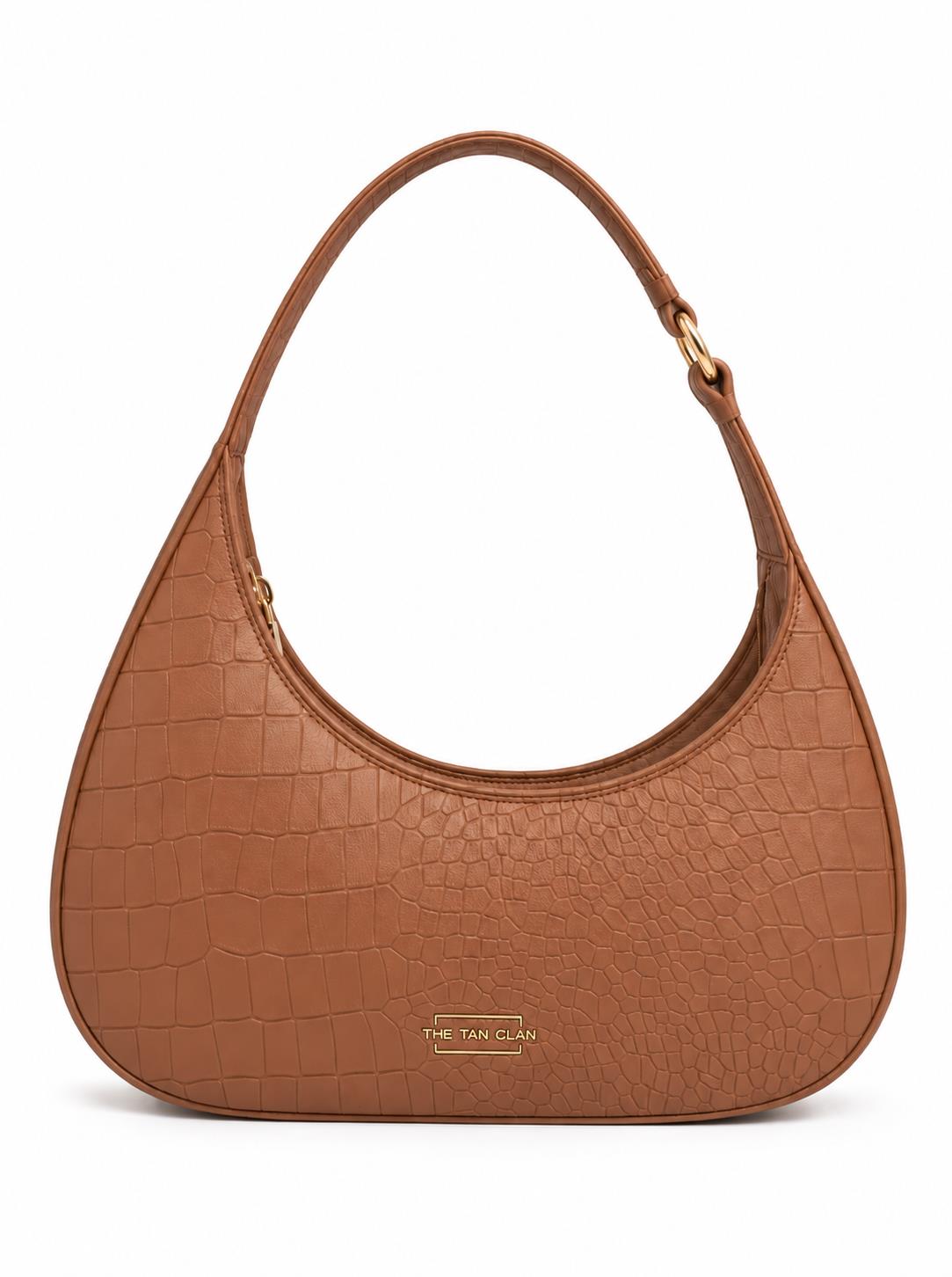 Blair brown croc textured shoulder bag by THE TAN CLAN, crescent shape with crocodile pattern and adjustable strap.