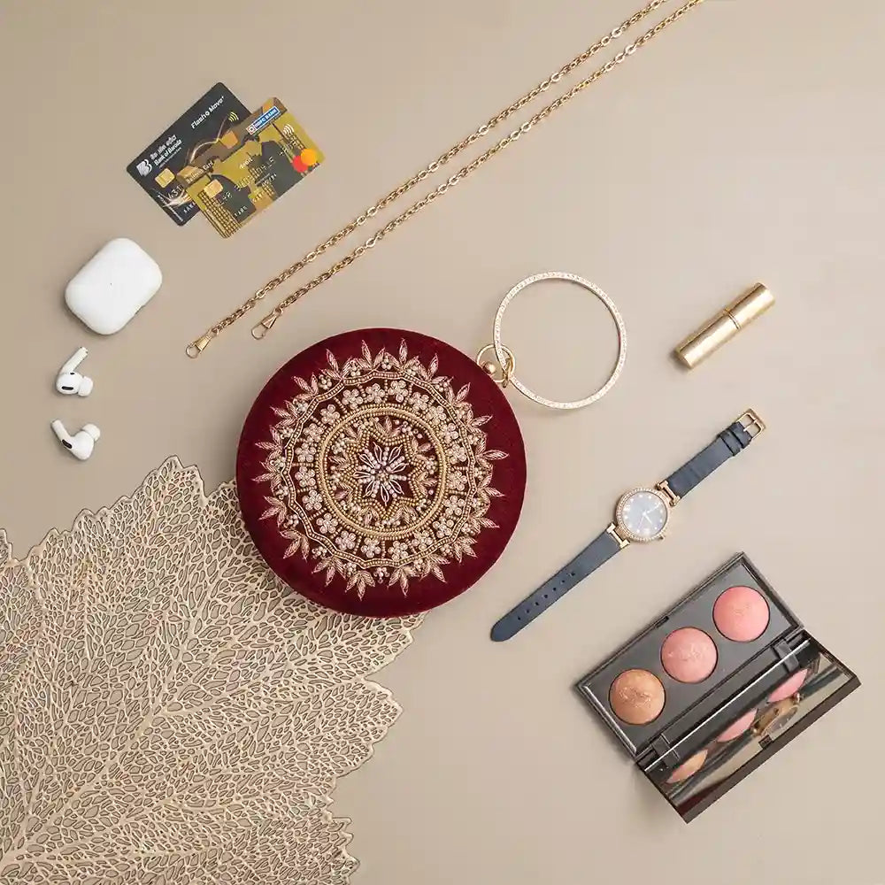 Ifrah Maroon Round Hand Embroidered Clutch