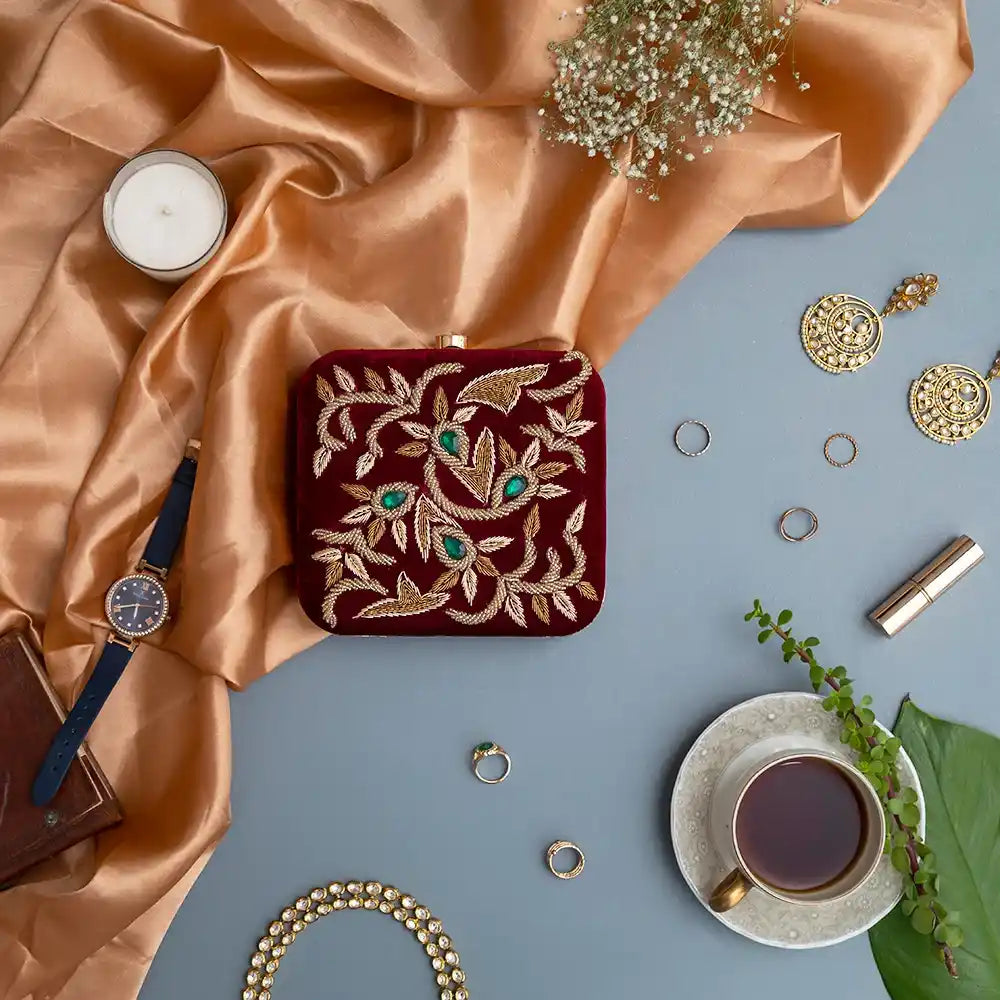 Crimson Sqaure Hand Embroidered Clutch
