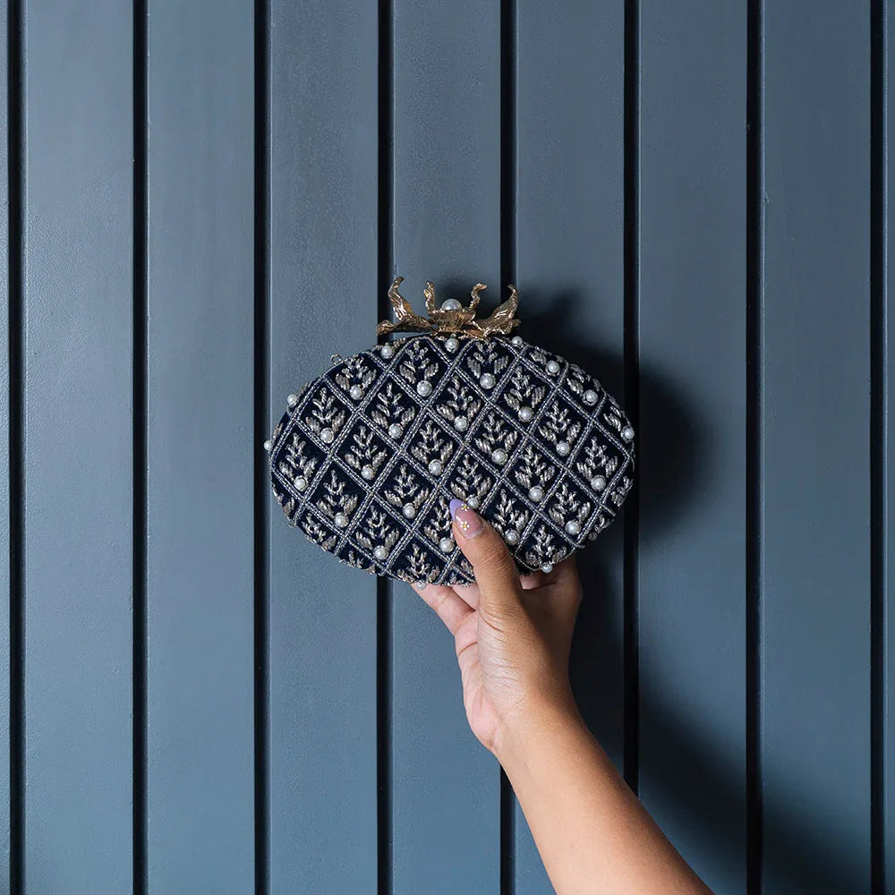 Zafraan Navy Blue Hand Embroidered Clutch - The Tan Clan