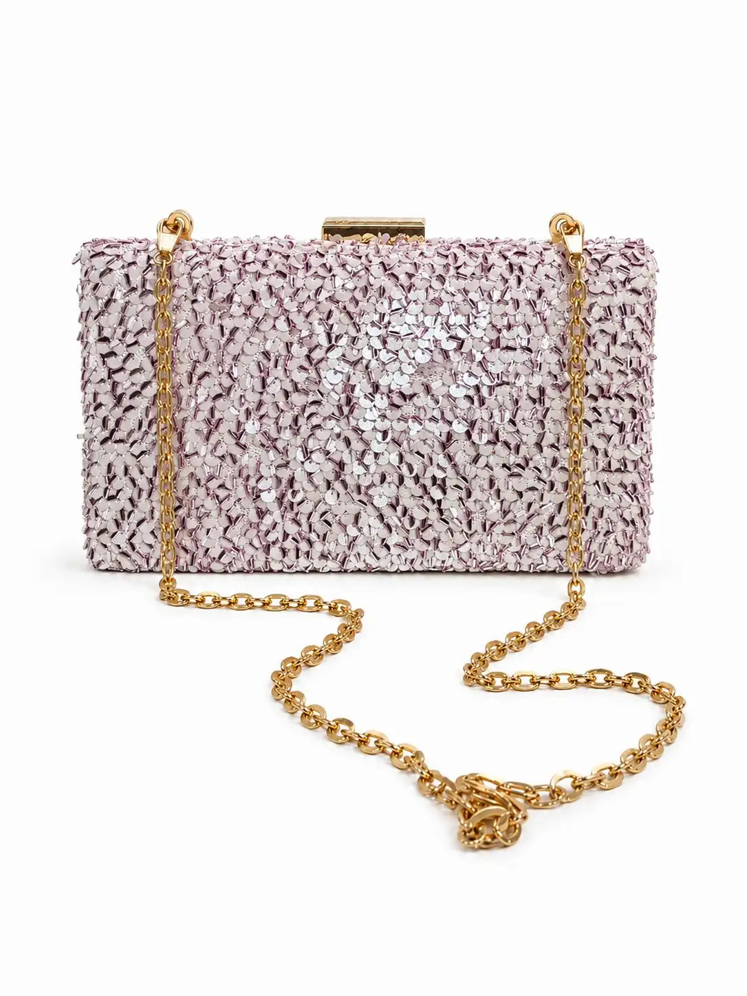 Pink sequined sleek clutch bag by The Tan Clan with a shimmering, stylish design perfect for evening events.