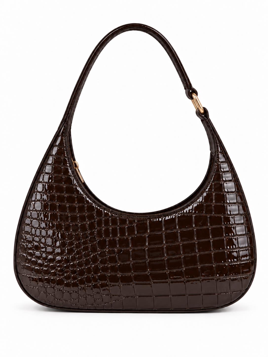 Brown shiny croc-textured shoulder bag by THE TAN CLAN, featuring a glossy chocolate finish and structured hobo style.