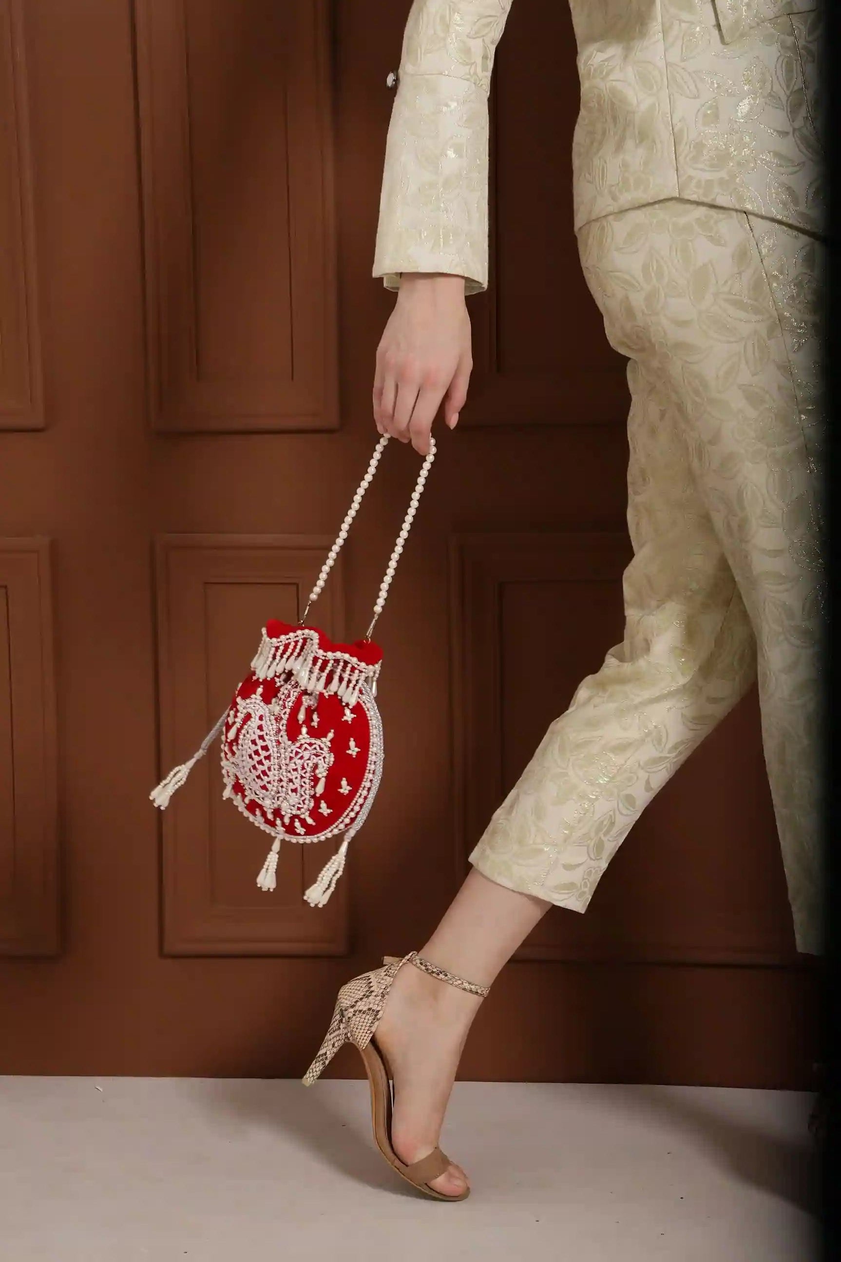 Sukoon Hand Embroidered Potli with Pearl Handle - Red