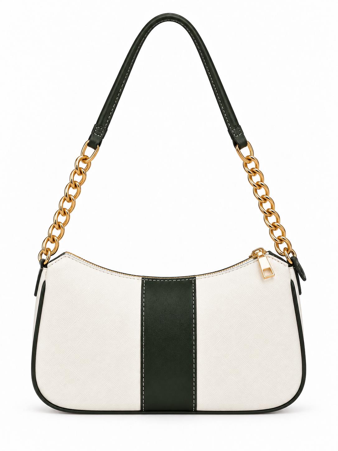 Elle ivory and forest green colorblock chain strap shoulder bag from THE TAN CLAN, featuring a stylish compact design and chain details.