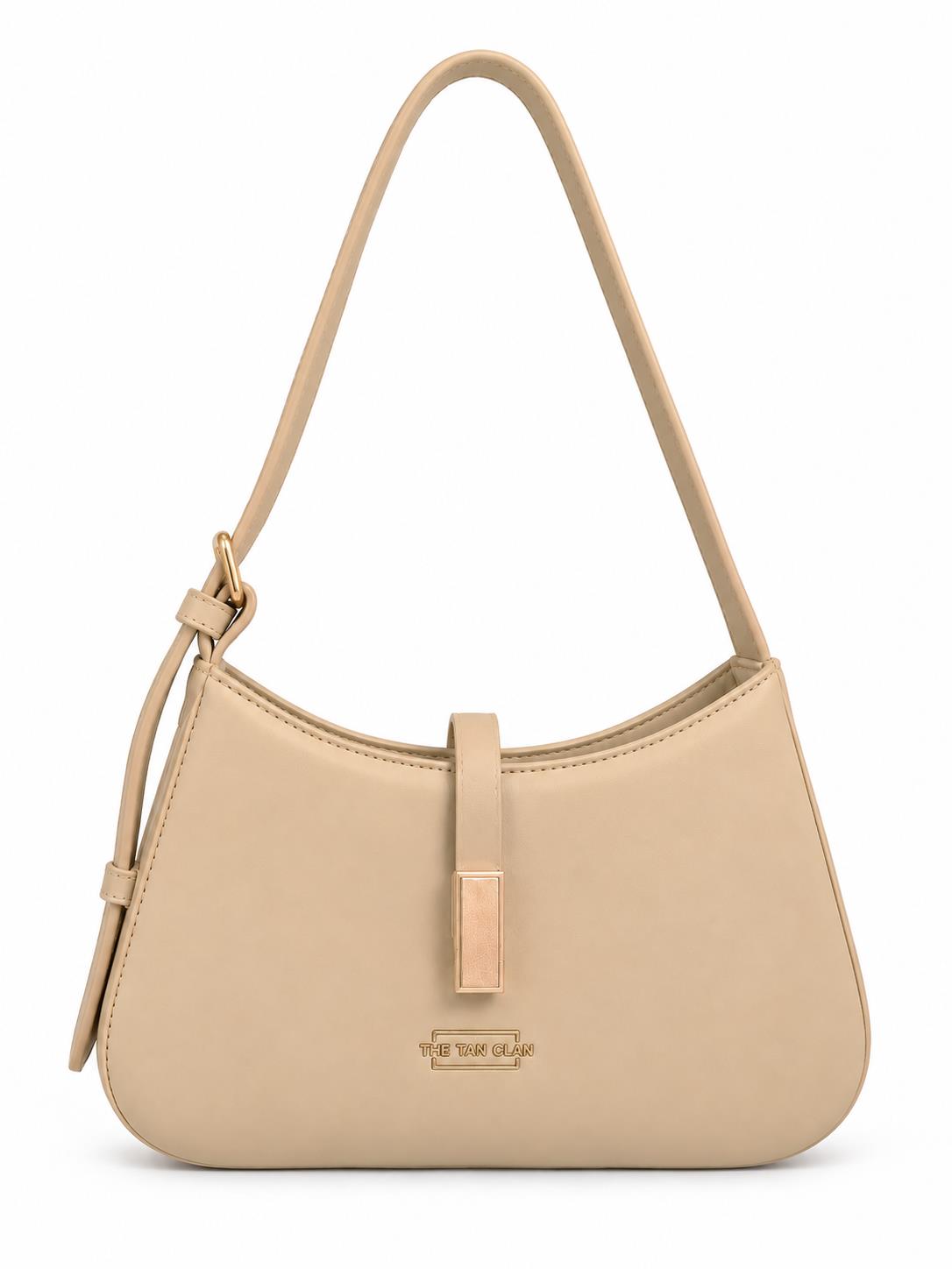 Dune Beige Textured Baguette Shoulder Bag with Adjustable Strap