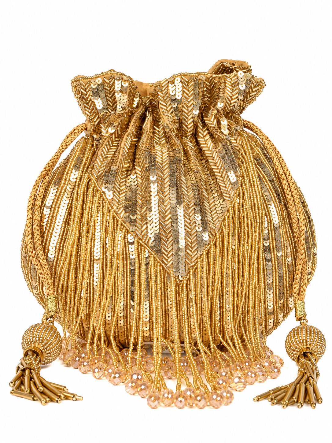 THE TAN CLAN Twinkle Heavy Tassles Potli with Handle - Gold
