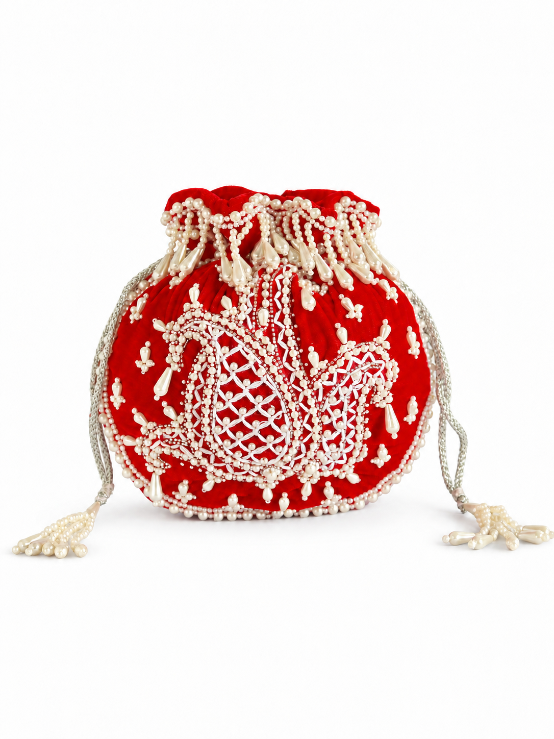 Sukoon Hand Embroidered Potli with Pearl Handle - Red
