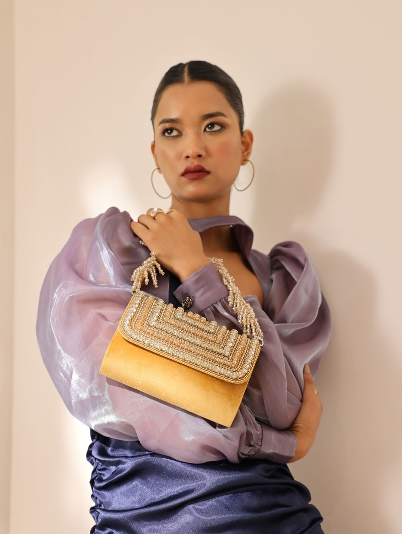 Nysa Gold Embellished Flap over Clutch Bag