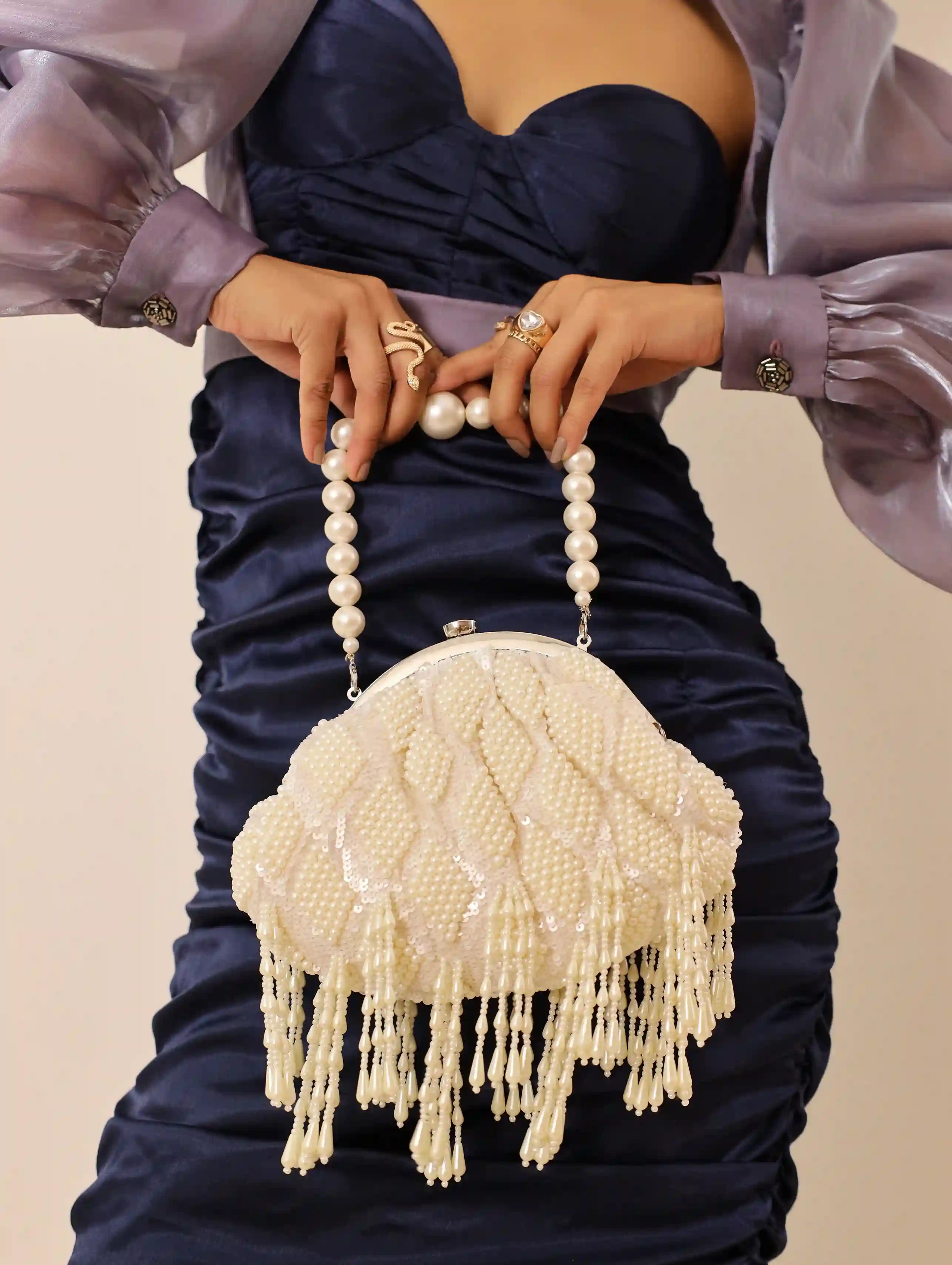 Tara Pearl Tasselled Batua with Detachable Handle