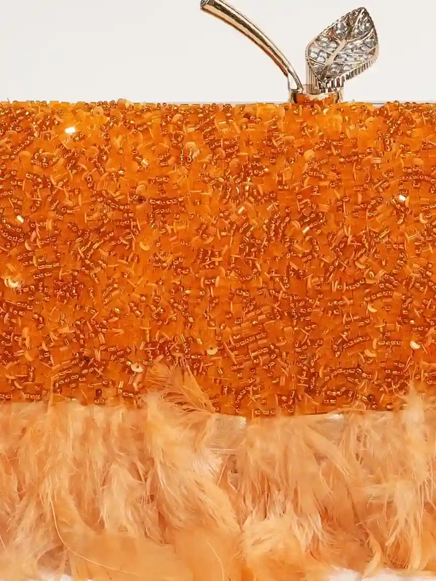 Daina Peach Hand Embroidered Feather Clutch