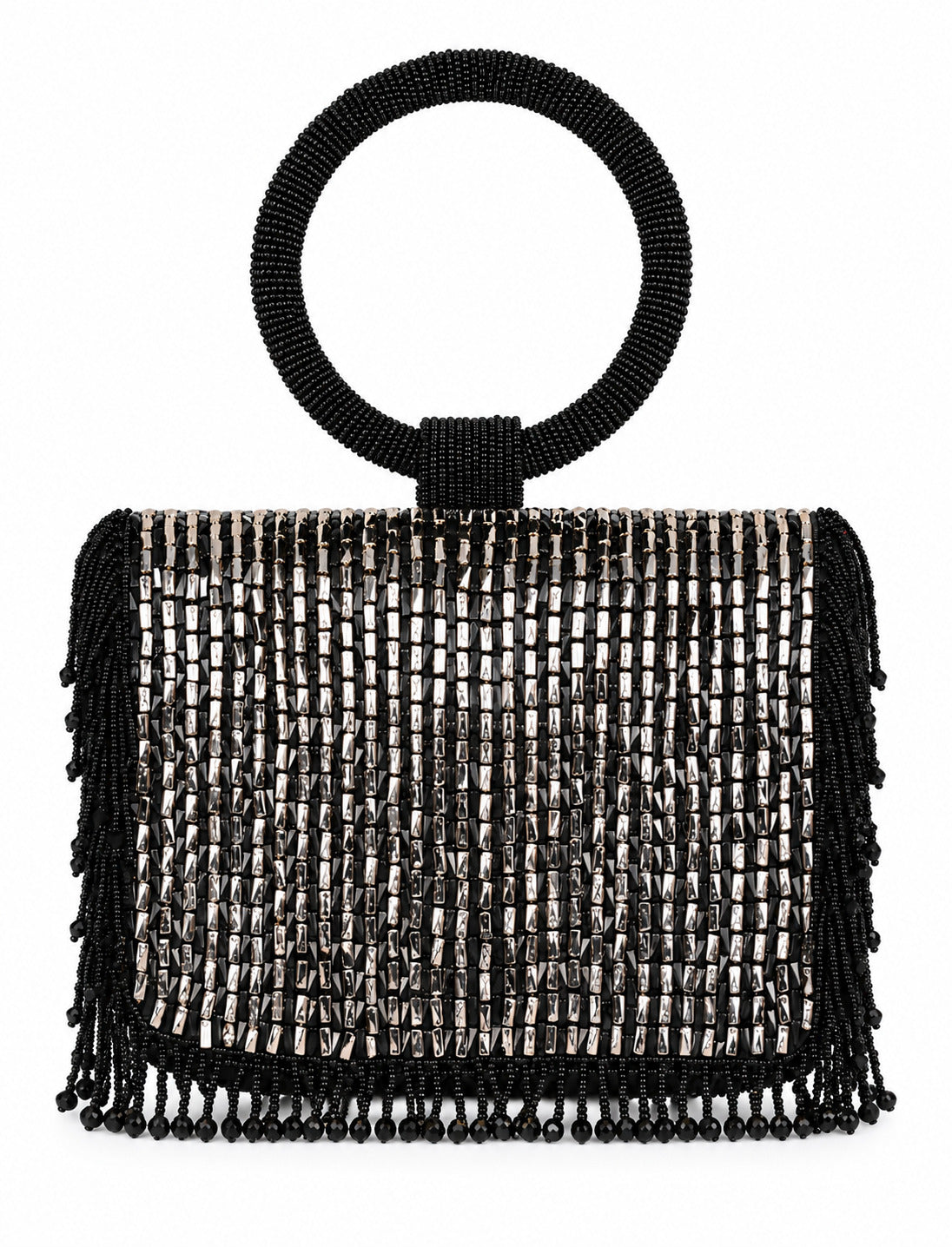 Black Sylvie Flap over Bag by The Tan Clan featuring silver beaded details and a sleek, structured design.