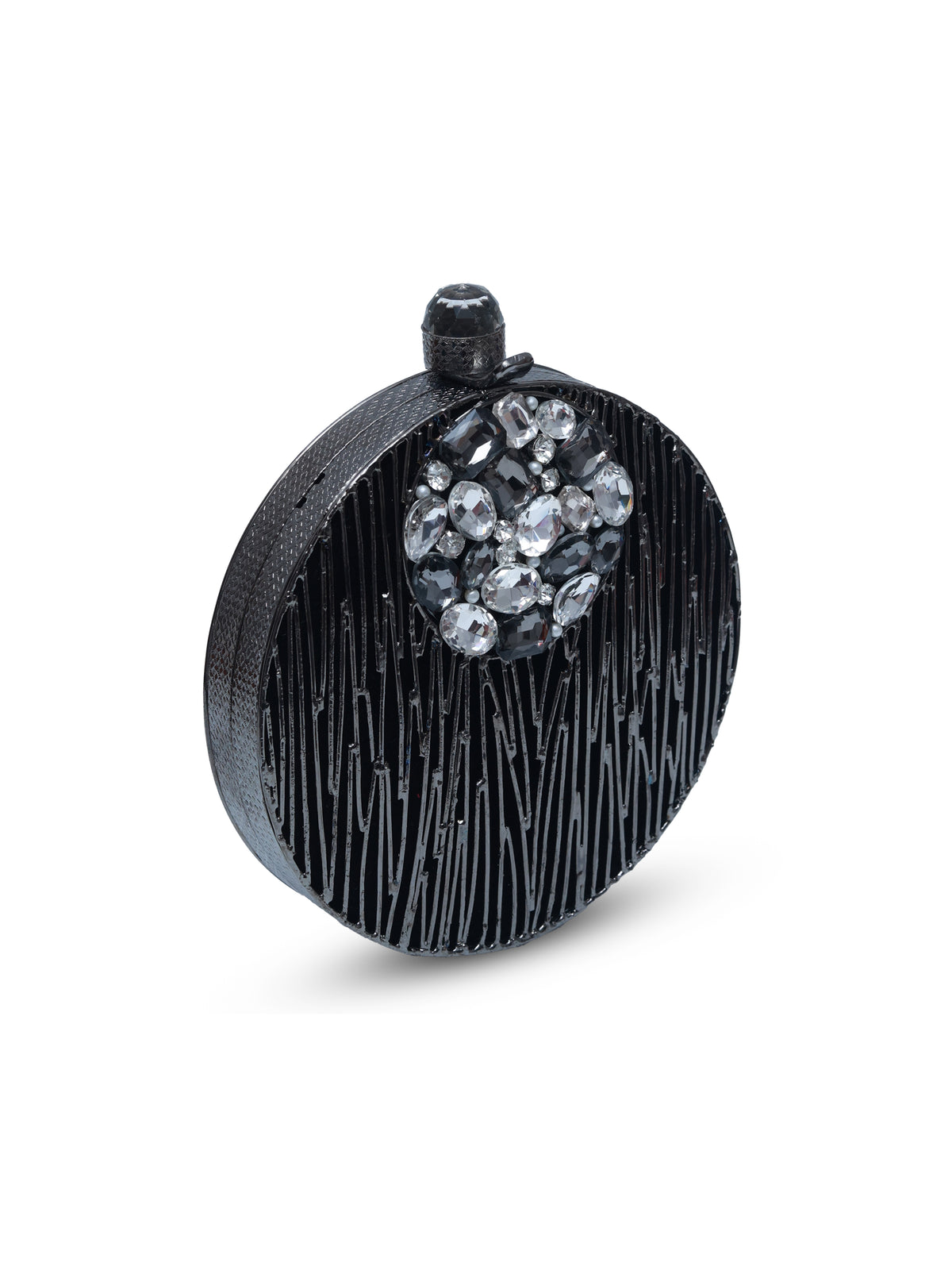 Aashna Round Embellished Brass Clutch with intricate detailing and a polished finish, designed by The Tan Clan.