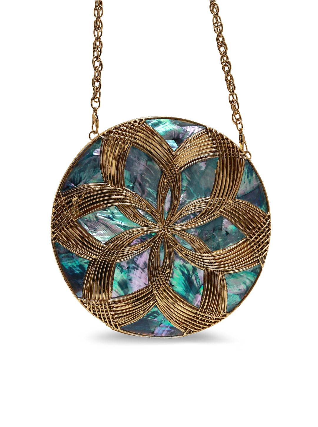 Beth Brass Clutch by The Tan Clan featuring a sleek, gold-toned metal design with a minimalist aesthetic.
