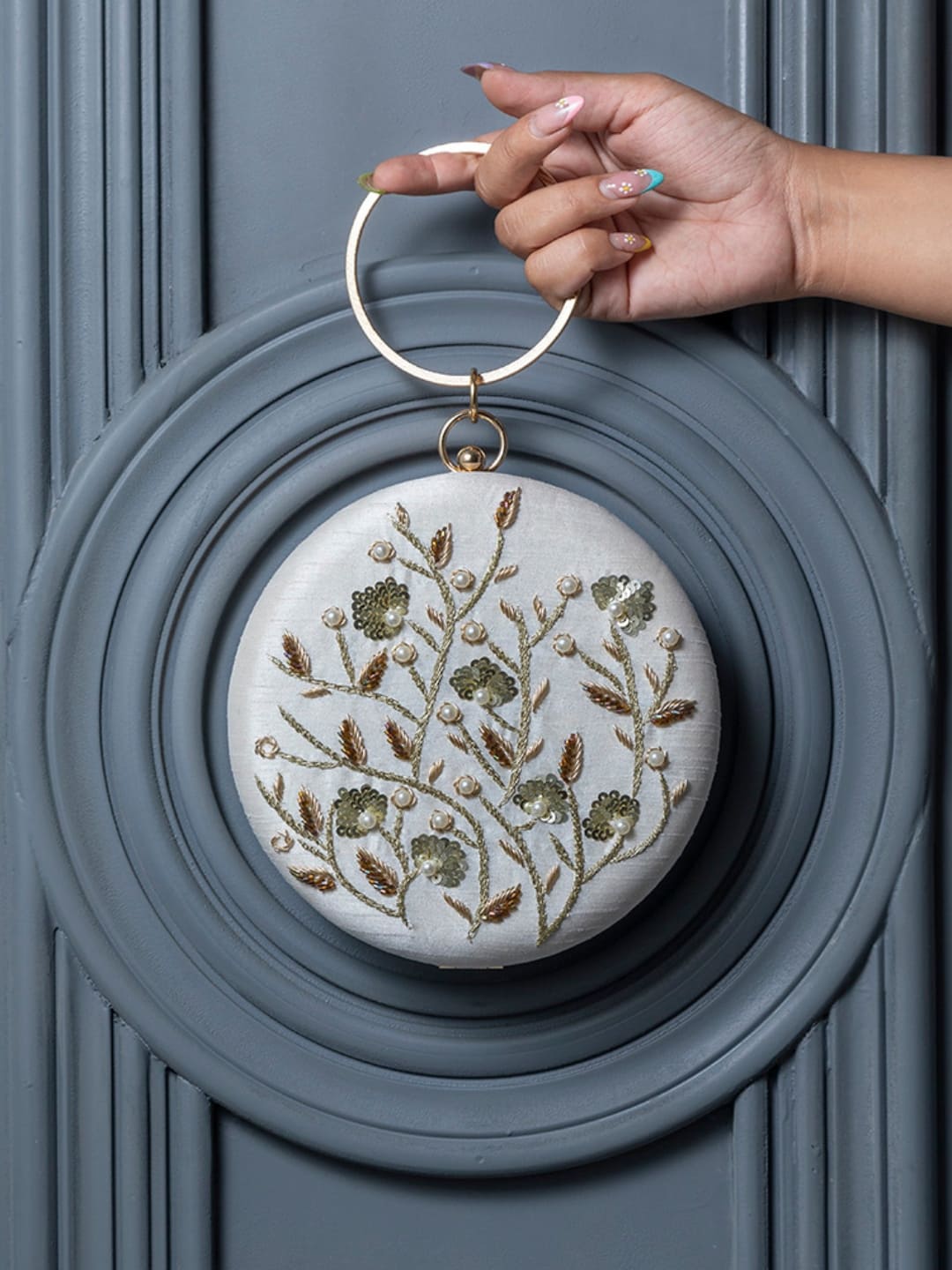 Falaq White Round Hand Embroidered Clutch