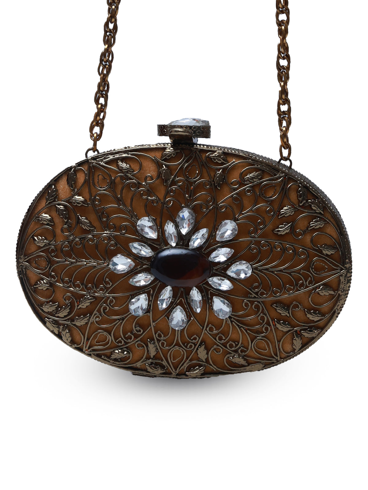 Mirza brass clutch by The Tan Clan featuring intricate embellishments and detailed craftsmanship, stylish evening accessory.