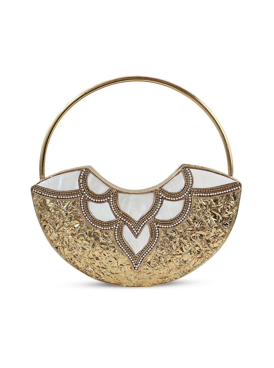 Sasha brass clutch with handle from The Tan Clan, featuring a sleek metallic design and elegant wrist strap.