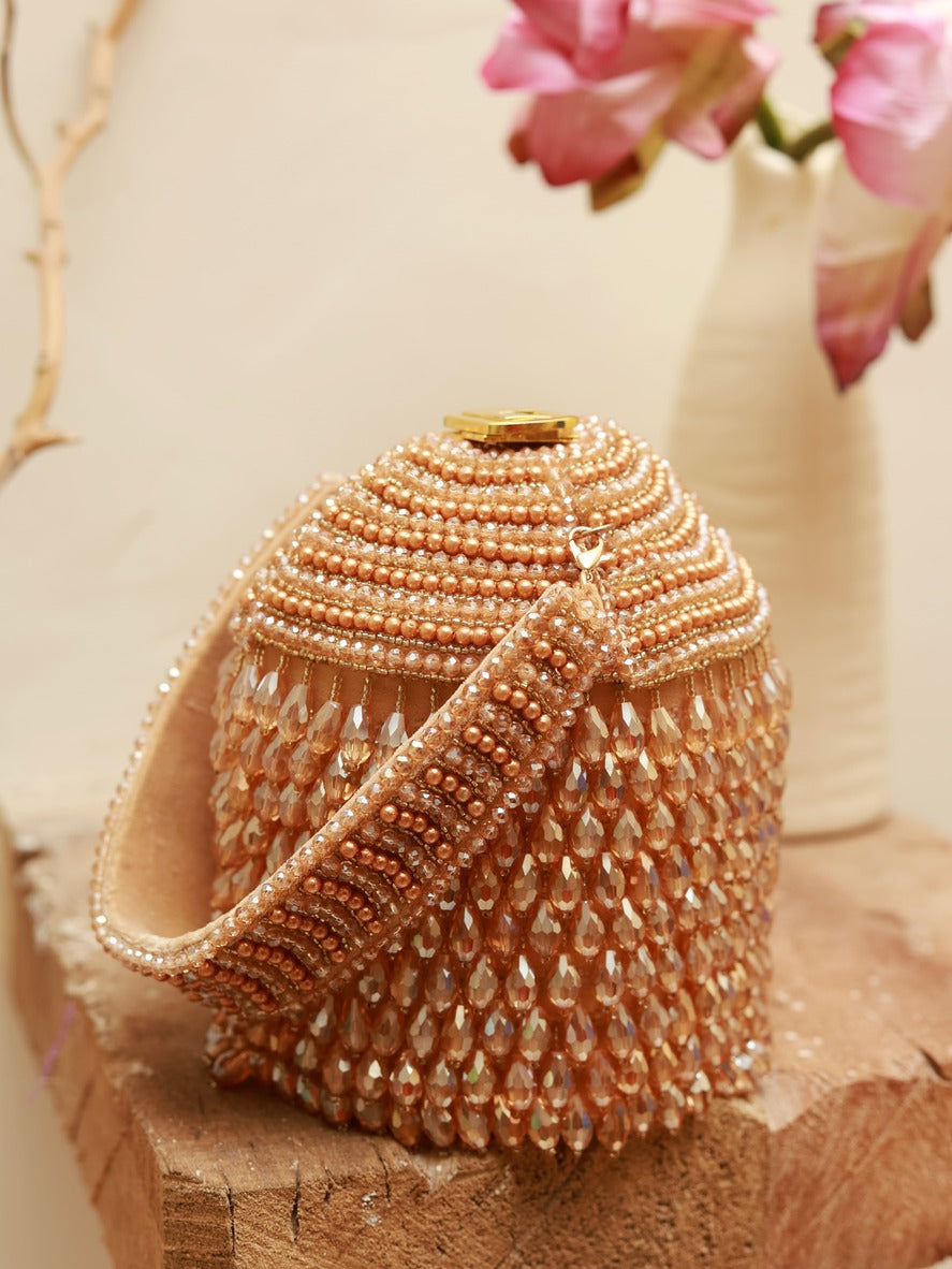 Emma Round Embellished Bag with Handle by The Tan Clan, featuring a stylish round design and decorative embellishments.