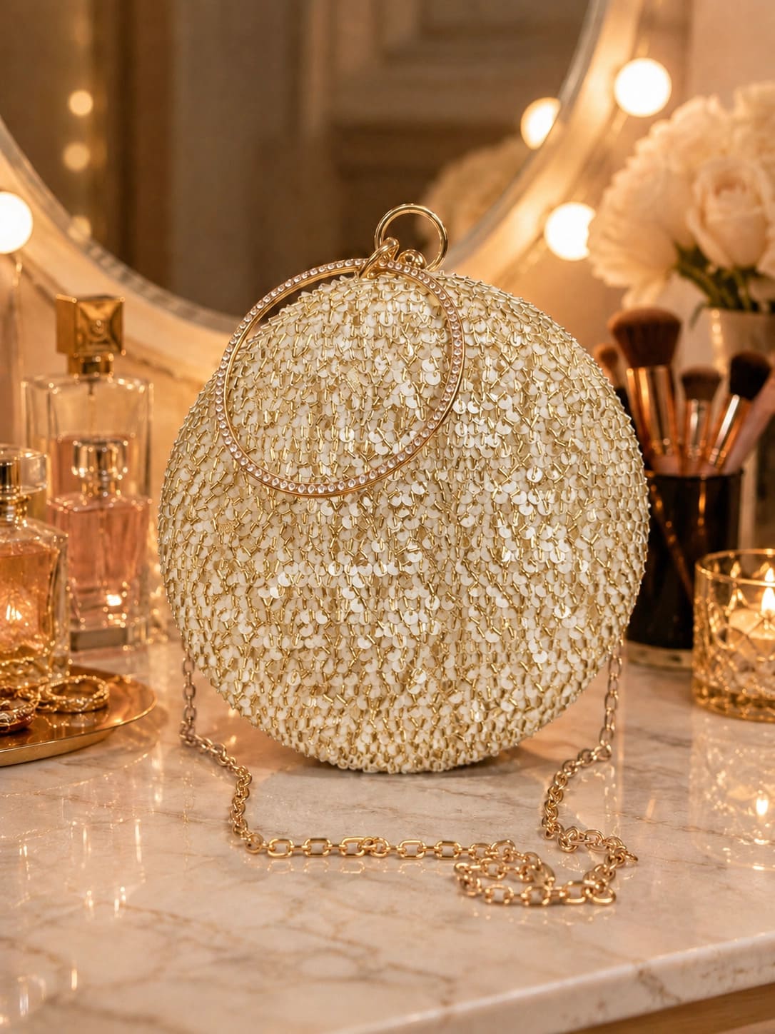 Gold sequined round clutch bag by The Tan Clan with shimmering surface and compact design for evening events.