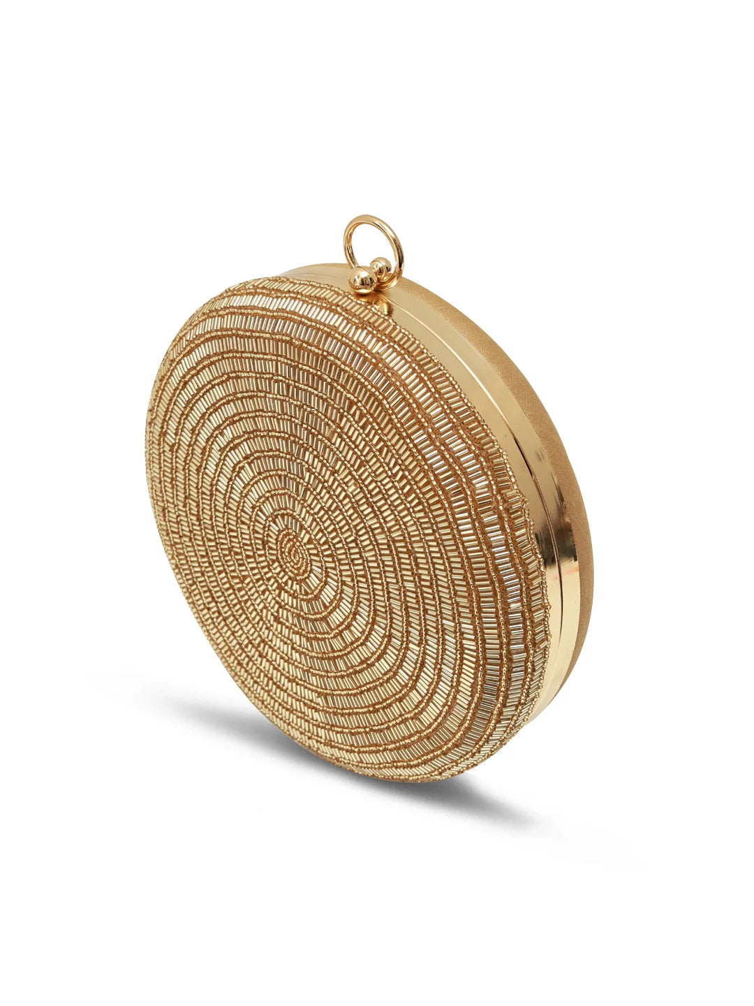 Gold round clutch purse from The Tan Clan featuring a shiny, metallic finish and compact design for elegant occasions.